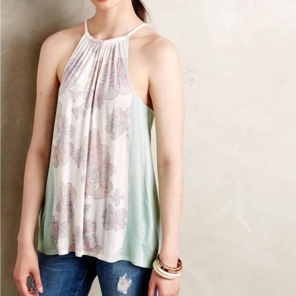 Anthropologie Deletta Floral Halter Top - White and Green